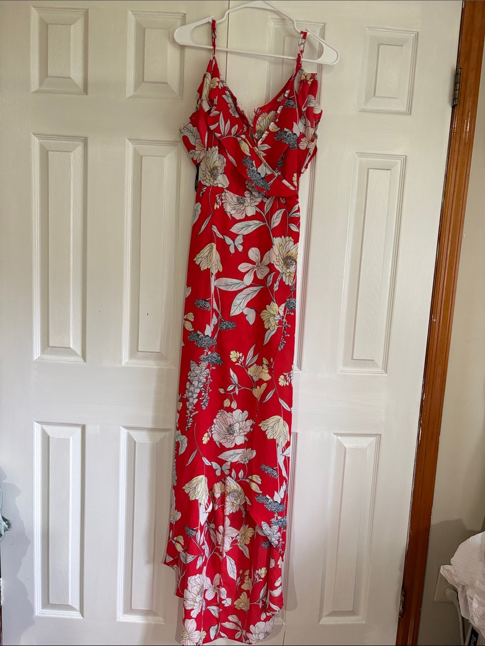 Soieblu Red Floral Maxi Slip Dress with Cream & Blue Accents